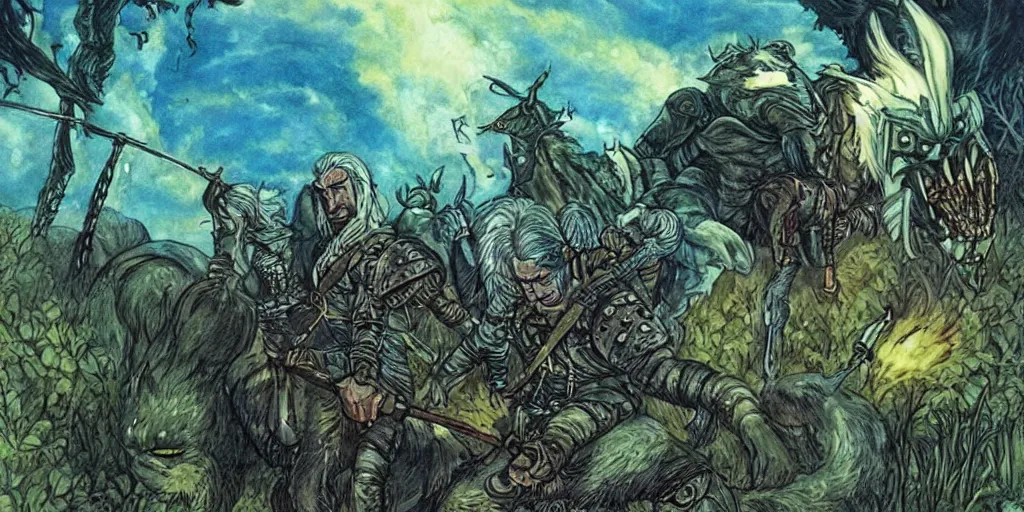 Prompt: the witcher fighting bioluminescent monsters in a ghibli cartoon, by larry elmore and brian froud,