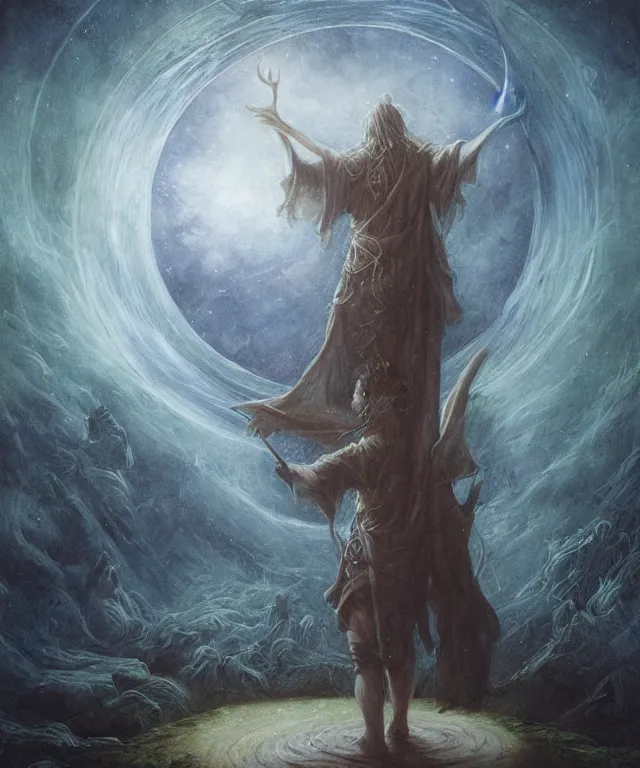 Prompt: a druid standing in a circle at the beginning of the world by alan lee and peter mohrbacher