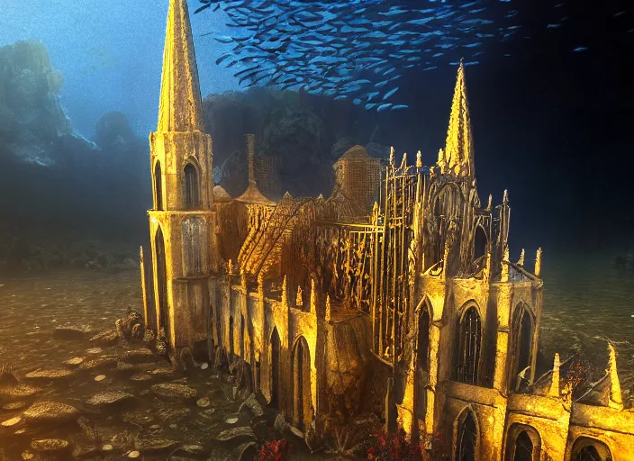 Prompt: favela gothic cathedral, underwater environment, scenery, professional, award - winning, trending on artstation, hyper detailed, realistic, beautiful, emotional, shiny, golden, picture