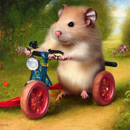 Prompt: a little hamster riding a tricycle, Lilia Alvarado, Sophie Anderson, Mark Arian, Bob Byerley, Charlie Bowater, Mark Brooks, Steve Henderson, Justin Gerard, Arthur Hughes, Edward Robert Hughes, Mark Keathley, Victor Nizovtsev, Carlos Shwabe, Ross Tran, WLOP