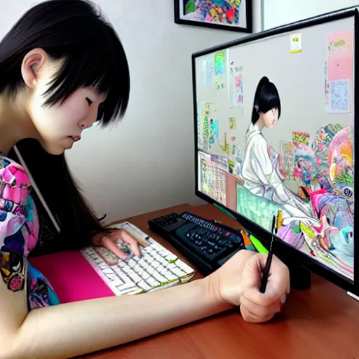 Image similar to full view of taiwanese girl studying at her computer, in taipei, style of yoshii chie and hikari shimoda and martine johanna, highly detailed