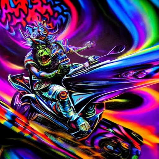 Image similar to psychedelic blacklight airbrush artwork, hyper stylized action shot of a menacing orc riding a motorcycle, clear focused details, soft airbrushed artwork, black background, cgsociety, artstation