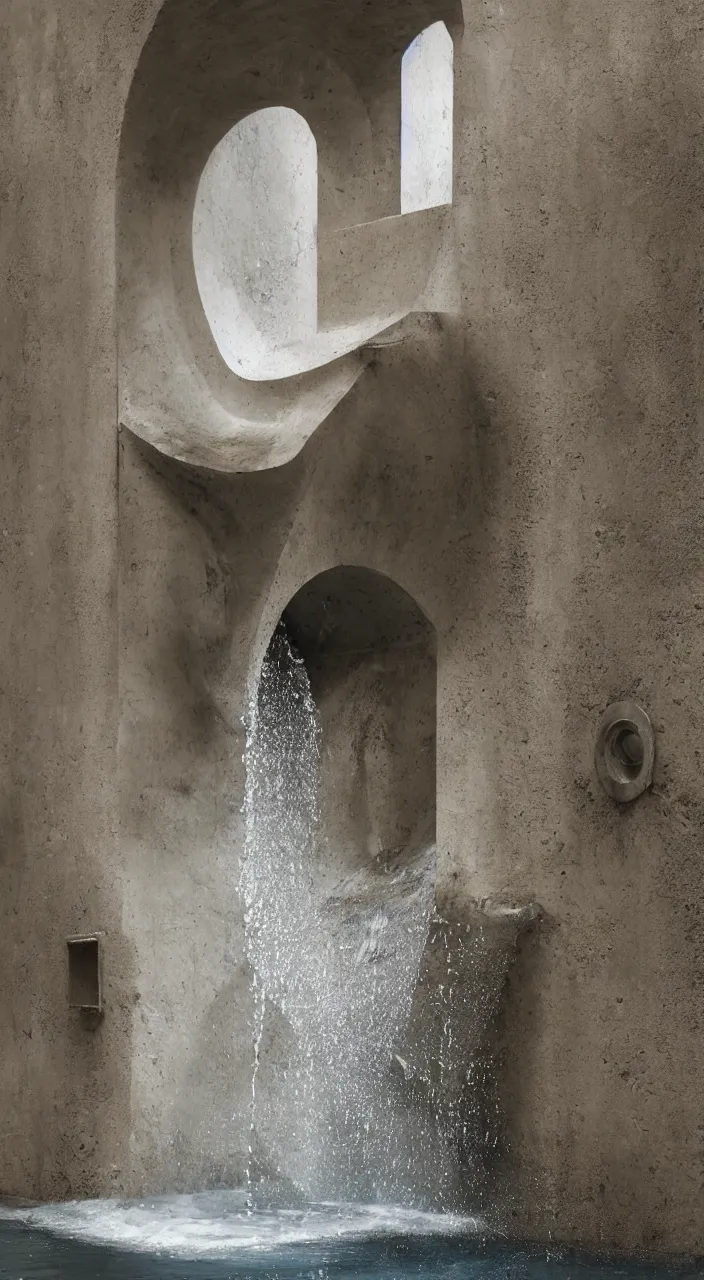 Prompt: a stream of water entering into a machine made from biomorphic amphoras and producing a liquid coin, in the style of a Carlo Scarpa fountain, architectural photograph , isometric views, infrastructure, kidneys, white marble texture , 8k