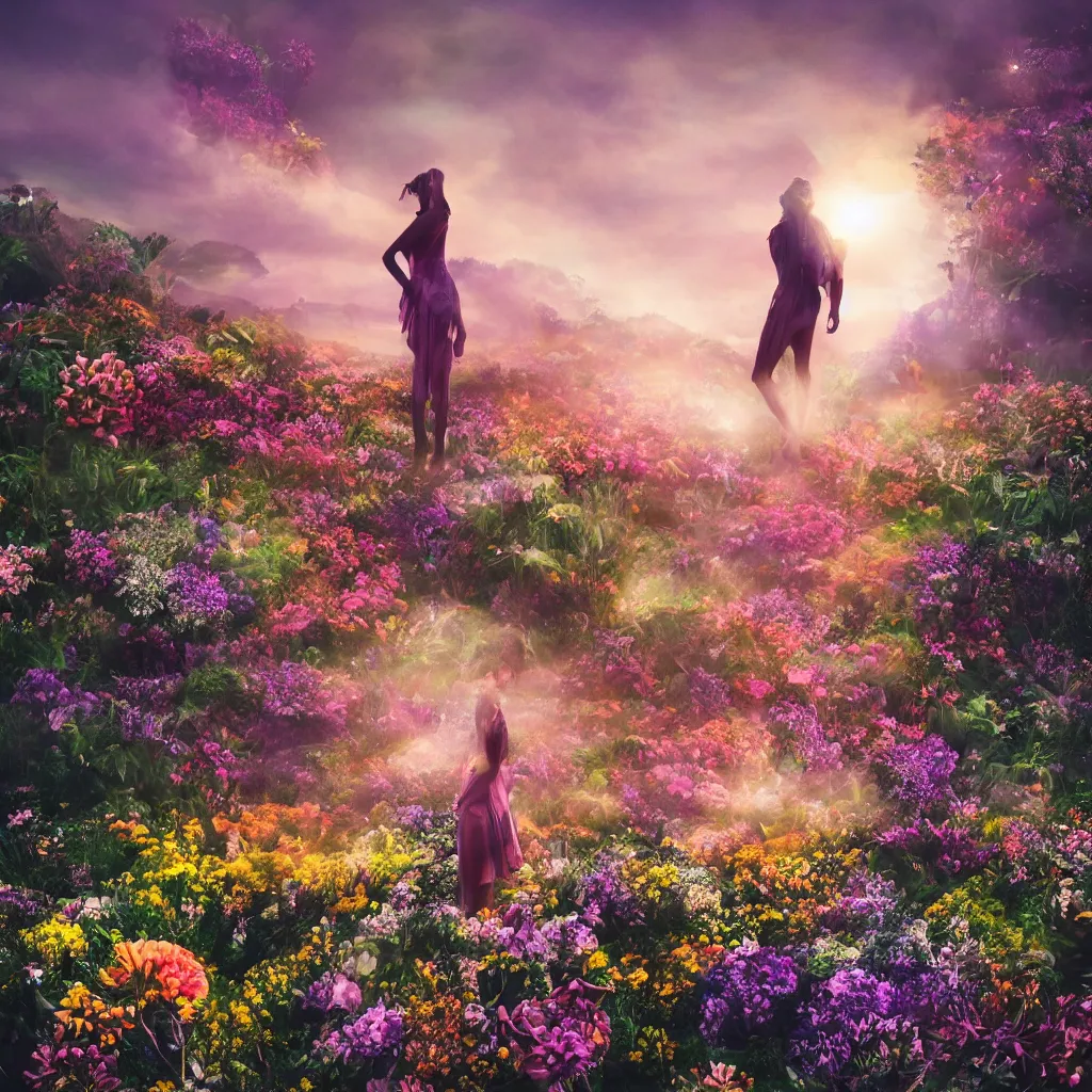 Image similar to a planet of various flowers, fungus and plants, in which the human figure is dressed in something magical and impressive, inside the picture is infinity, sunset light, Atmospheric phenomenon, artistic photography, muted colors, conceptual, long exposure outside the city