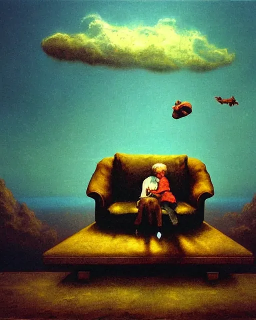 Image similar to old couple sitting on a couch in front of a boy flying in sky, psx game graphics , Beksinski painting