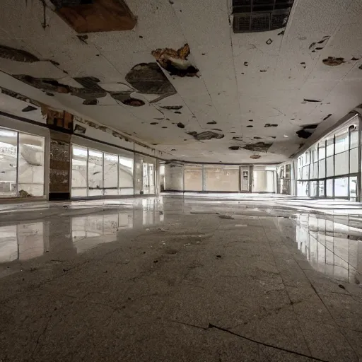 Prompt: huge holes in the floor in an abandoned mall, liminal space, bright overhead lights, wide angle photography