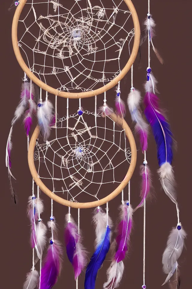 Prompt: a beautiful and intricate dreamcatcher made from bone and gnarled wood and blue and purple feathers, twisting, twirling, loops, hexagonal shapes, concept art, highly detailed, realistic, ornate, fine detail, 4k, octane render, vray, unreal engine