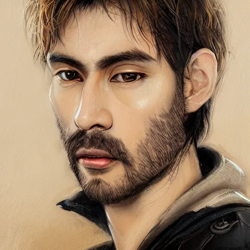 Image similar to portrait of a man by ayami kojima, he is about 3 0 years old, short black hair with bangs, his features are a mix between french, turkish and russian and he is wearing a beige and black utility jumpsuit, scifi, highly detailed portrait, digital painting, artstation, concept art, smooth, sharp foccus ilustration, artstation hq