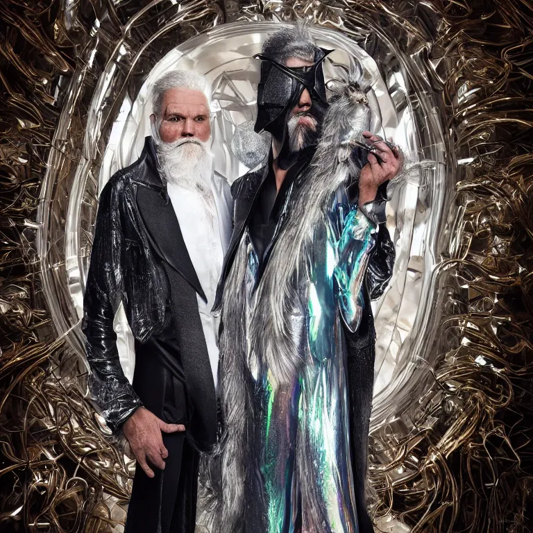 Image similar to high fashion photoshoot octane render portrait by wayne barlow and carlo crivelli and glenn fabry, a distinguished sci - fi futuristic wizard with a long white beard wearing a clear plastic iridescent jacket and holding a magical adorable critter while standing inside a futuristic beautiful boutique fantasy hotel lobby, very short depth of field, bokeh