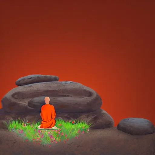 Prompt: slightly rusty robot monk in orange robes meditating in front of a worn stone shrine on a hilltop with wildflowers, digital illustration