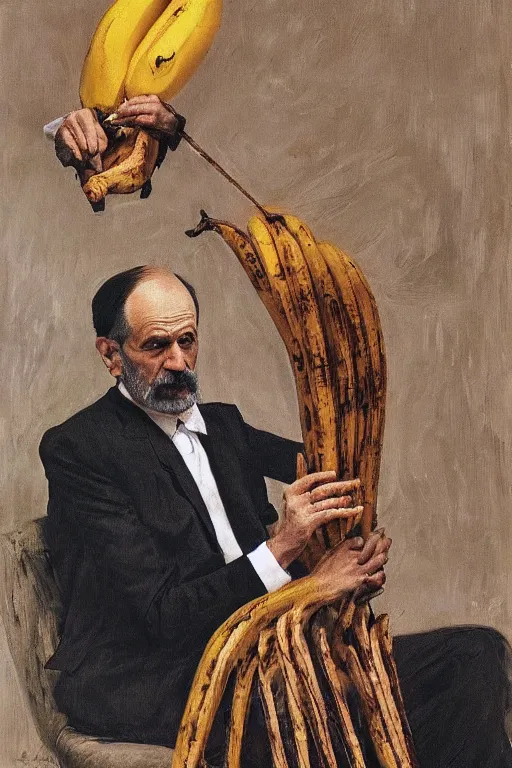 Image similar to portrait of sigmund freud wearing suit coat and tie and skirt made of bananas, doing the hula hoop, by frank mccarthy, by lucian freud