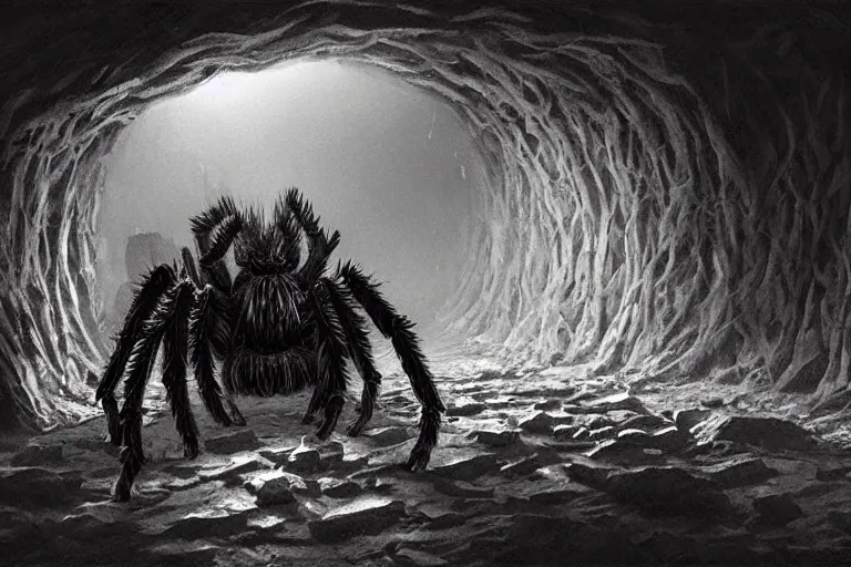 Image similar to a close - up view of a monstrous tarantula in a dark foreboding tunnel, with cobwebs, in the style of john howe, dramatic lighting, atmospheric, low angle, wide angle, hyper - realistic, concept art, highly detailed digital painting, trending on artstation