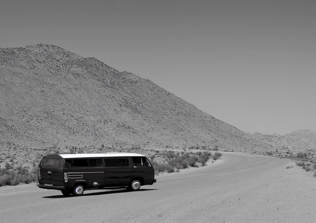 Image similar to a black and white picture of a van driving into the distance on a desert highway, by Joe Jusko