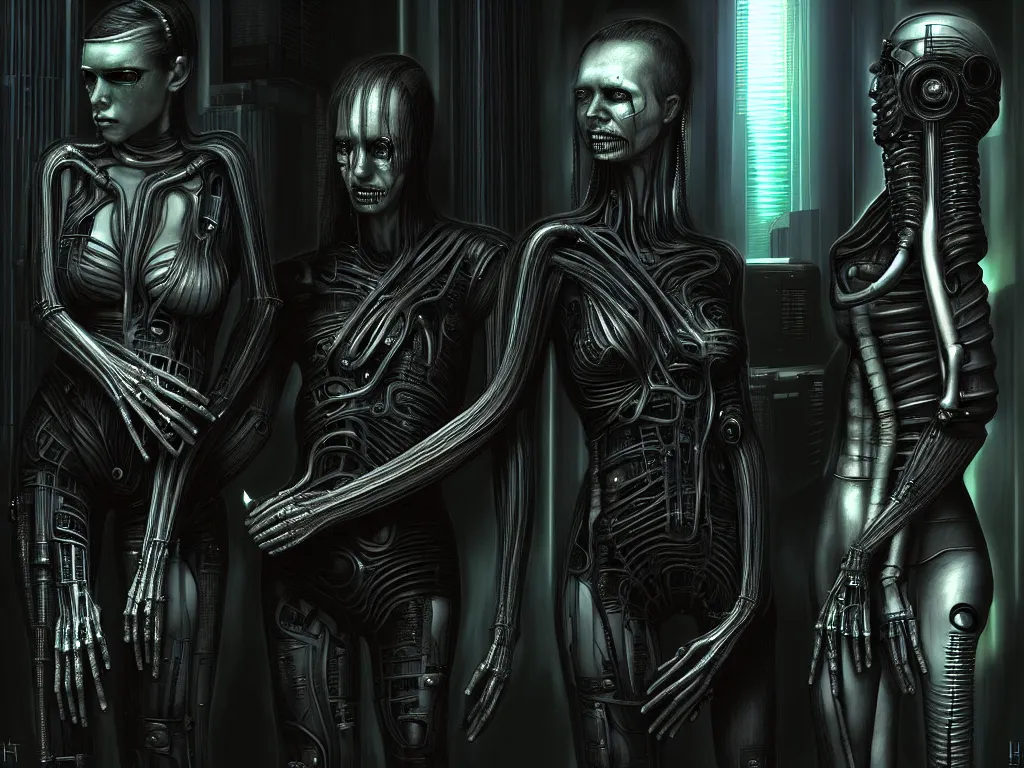 Image similar to a couple of people that are next to each other, cyberpunk art by h. r. giger, featured on cgsociety, fantasy art, lovecraftian, deviantart, daz 3 d