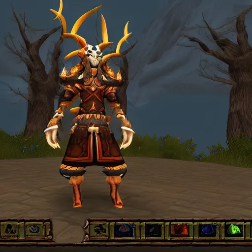 Image similar to an anthropomorphic black goat wizard in world of warcraft, screenshot