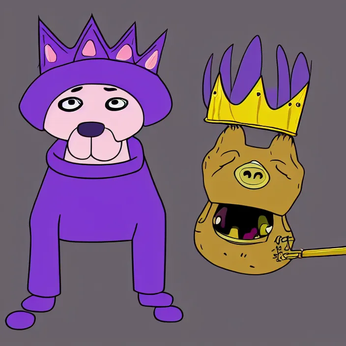 Image similar to a digital drawing of an anthropomorphic dog wearing a purple hoodie and a crown, smashing a golden trophy with a baseball bat. in the style of bojack horseman.