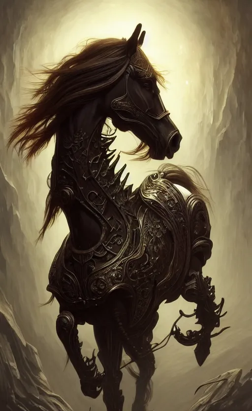 Prompt: horse art by giger, deep focus, d & d, dark fantasy, intricate glow accents, elegant, highly detailed, digital painting, artstation, concept art, matte, sharp focus, 8 k 3 d, hearthstone, art by artgerm and greg rutkowski and alphonse mucha