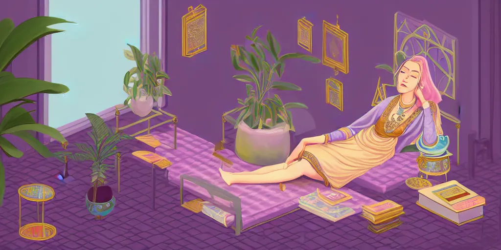 Image similar to a pastel illustration of a woman wizard, ornate clothing, lounging on a purpur pillow on the marbled checkered floor in her study room reading an ancient tome. to the side is a potted plant, moody candlelit raytracing. ancient oriental scifi fantasy setting. 4 k key art. by mark tedin