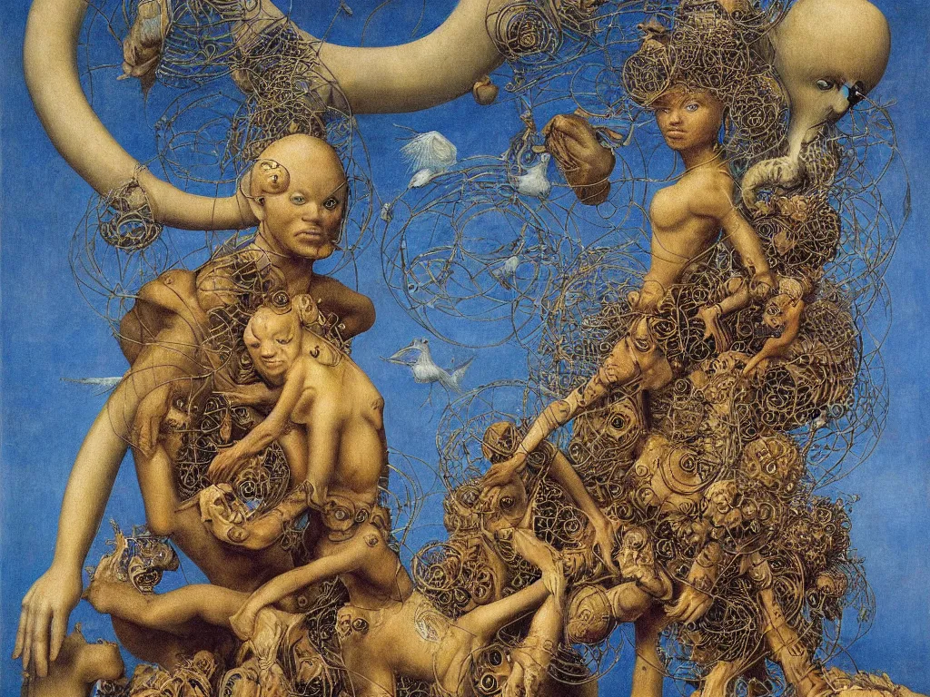 Prompt: Portrait of the African god albino holding the caged fantastic fractal bird at her chest, sculpture, Henri Moore giant, blue eyed, flowing milk, lightning network. Boulders of spiked fungi. Painting by Lucas Cranach, Rene Magritte, Jean Delville, Max Ernst, Maria Sybilla Merian, Roger Dean