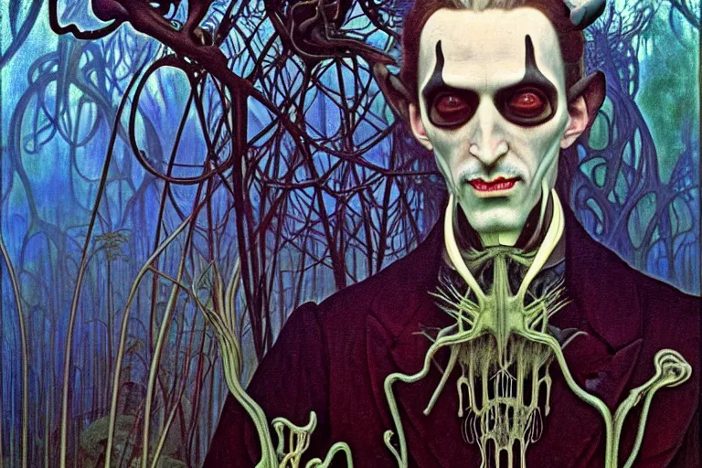 Image similar to realistic extremely detailed portrait painting of an elegantly creepy vampire man dressed as dracula, futuristic sci-fi forest on background by Jean Delville, Amano, Yves Tanguy, Alphonse Mucha, Ernst Haeckel, Edward Robert Hughes, Roger Dean, rich moody colours, blue eyes