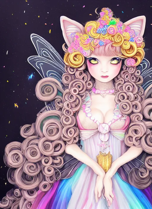 Image similar to dark fantastic illustration of beautiful cat girl witch with a robot, curls hair, rococo ruffles dress, rosette, symmetrical face, pastel rainbow, pearlescent, cute, fairy, rim light, by mai yoneyama, rolua, detailed background,, artstation, concept art, highly detailed, colorful, maximalist