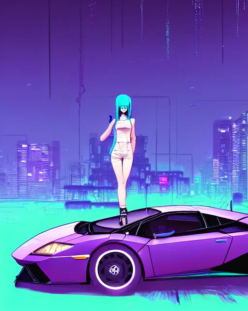 Image similar to digital illustration of cyberpunk pretty girl with blue hair, standing in front of a purple lamborghini, in junkyard at night, by makoto shinkai, ilya kuvshinov, lois van baarle, rossdraws, basquiat