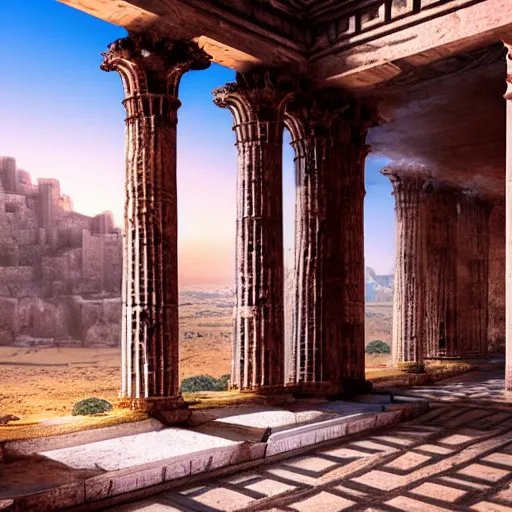 Prompt: Cinematic view of ancient fantasy walls with greek architecture surrounded by vast desert; fantasy art