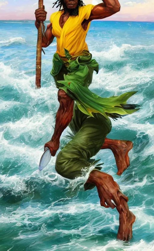 Image similar to character concept of a singular Jamaican fisherman posing in a battle stance in the Jamaican sea, colors of Jamaica, by Ross Tran and Artgerm and Peter Mohrbacher