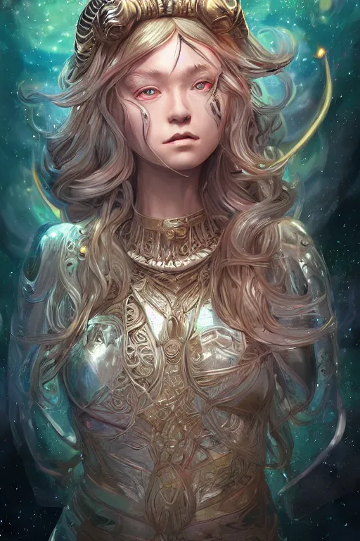 Prompt: Portrait of space Viking , D&D, sci fi fantasy, intricate, richly detailed colored 3D illustration of a beautiful ornated cute body with long metallic hair. background with completely rendered reflections, art by Range Murata and Artgerm highly detailed, digital painting, trending on artstation, sharp focus, illustration, style of Stanley Artgerm,