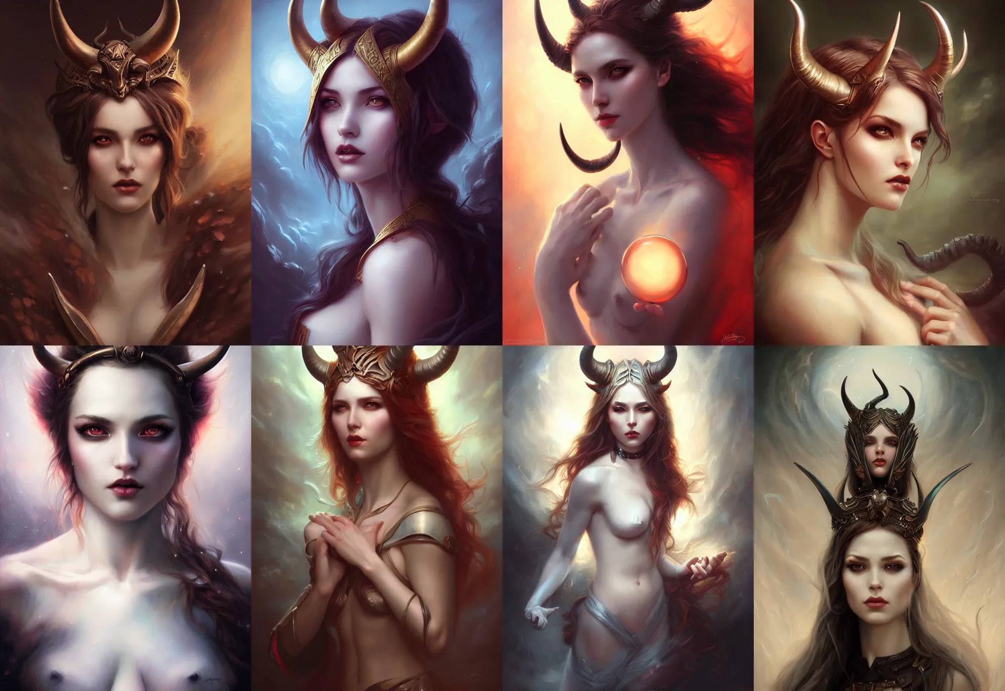 Image similar to a beautiful woman with horns, painted by artgerm and tom bagshaw, fantasy art, dramatic lighting, highly detailed oil painting