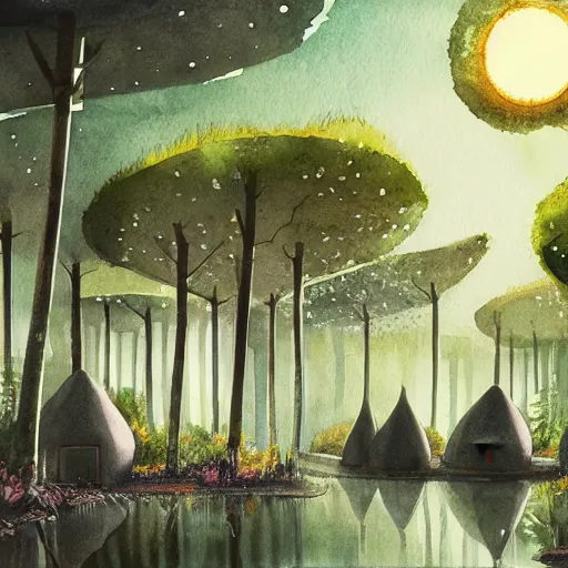 Prompt: beautiful happy picturesque charming organic sci - fi town with pod homes integrated in a forest area. water and trees. beautiful light. soft colour scheme. beautiful artistic detailed watercolor by lurid. ( 2 0 2 2 )