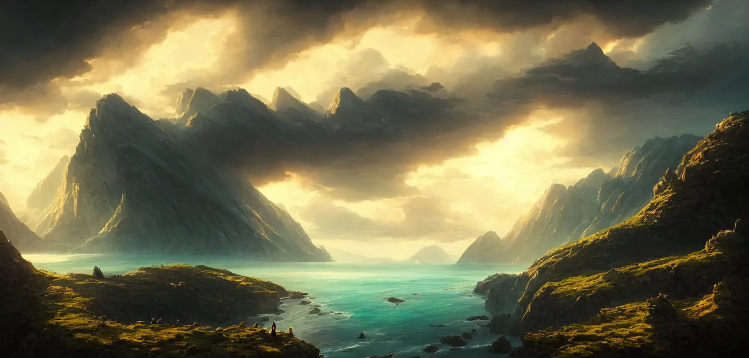 Image similar to nature landscape, aerial view, drone photography, cinematic, mountains and ocean, cinematic view, epic sky, detailed, concept art, low angle, high detail, warm lighting, volumetric, godrays, vivid, beautiful, trending on artstation, by jordan grimmer, huge scene, art greg rutkowski