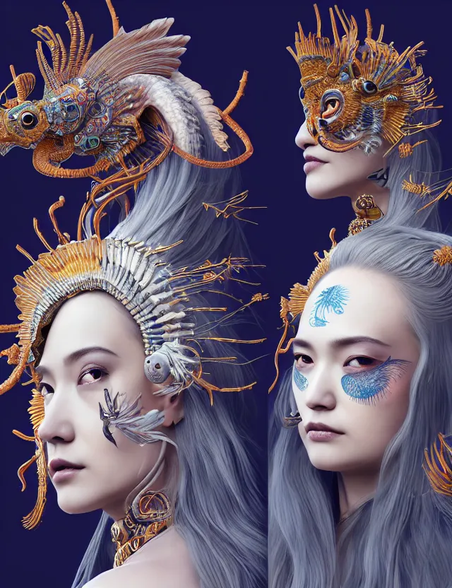 Image similar to 3 d goddess close - up profile portrait with crown, ram skull. beautiful intricately detailed japanese crow kitsune mask and clasical japanese kimono. betta fish, jellyfish phoenix, bio luminescent, plasma, ice, water, wind, creature, artwork by tooth wu and wlop and beeple and greg rutkowski