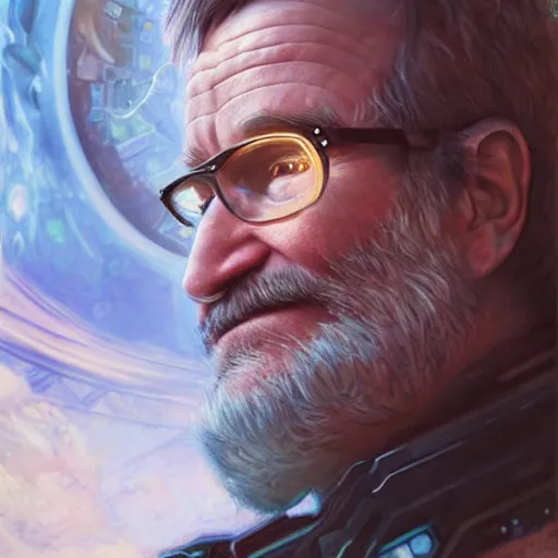 Prompt: A cyborg Robin Williams as the ultimate tyrant emperor of the universe. Realistic sci-fi cyberpunk concept. Trending on ArtStation. A vibrant digital oil painting. A highly detailed fantasy character illustration by Wayne Reynolds and Charles Monet and Gustave Dore and Carl Critchlow and Bram Sels