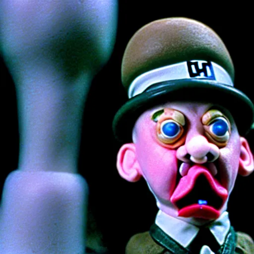 Image similar to claymation hitler as a pokemon by jan svankmajer, hyperrealistic, very detailed, tim burton, 3 5 mm film still, gothic, horror, eldritch