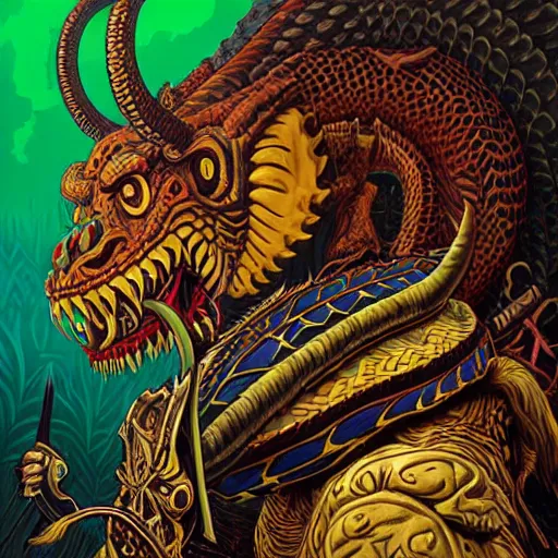 Image similar to side profile of barong family member, wiwek, mara demon, one single tribe member, jungle, one single mask, dark, ancient warrior, snake, bull, lizard, alien, dragon, tribal, inner glow, art by dan mumford and justin gerard