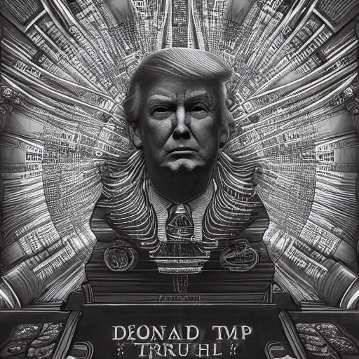 Prompt: donald trump deity by jeffrey smith and wlop and gustave dore, featuring engine, circuitry, code, binary, cryptonomicon, dmt entity, ambient occlusion, 3 d concept render, scientifically accurate, artstation, intricate, beautiful, look at that detail!