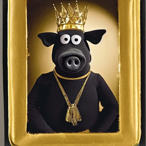 Prompt: studio photograph of a pig depicted as a muppet wearing a gold crown, front view