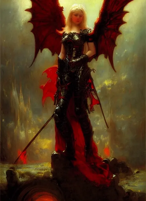 Prompt: angel knight gothic girl in dark and red dragon armor. by gaston bussiere, by rembrandt, 1 6 6 7, artstation trending, by wlop