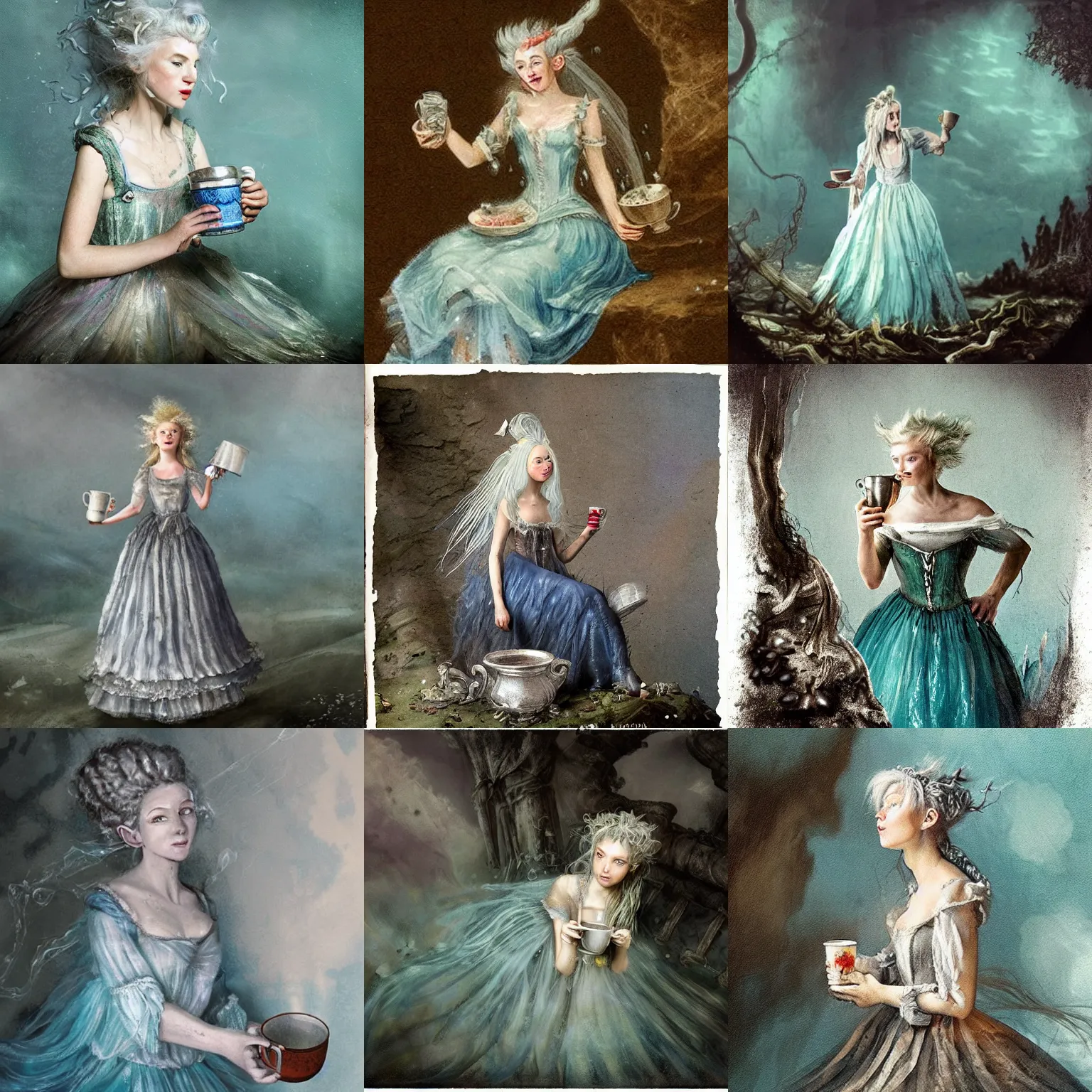 Image similar to A 18th century, messy, silver haired, (((mad))) elf princess, dressed in a ((ragged)), wedding dress, is ((drinking a cup of tea)). Everything is underwater and floating. Greenish blue tones, theatrical, (((underwater lights))), fantasyconcept art, inspired by John Singer Sargent's Lady Macbeth