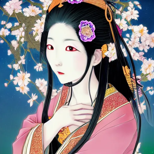 Image similar to portrait of the japanese moon princess kaguya hime with long flowing black hair wearing an ornate kimono with intricate floral patterns, touhou character illustration by ross tran, bo chen, toni infante, rebecca oborn, michael whelan, trending on artstation cgsociety hq