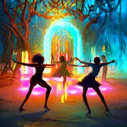 Prompt: african women dancing around a glowing, energized, steampunk neon portal near the electric tree of life in a lightning storm, by ilya kuvshinov, greg rutkowski, loish, rhads, artgerm and justin bua!!!. oil on canvas, detailed and intricate environment, radiant lighting. highly detailed. masterpiece