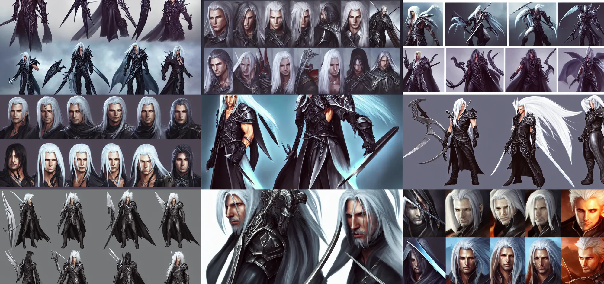 Prompt: concept art of sephiroth as aragorn game characters head designs, unique hairstyles, warrior, crossbow, overwatch by marc brunet and artgerm