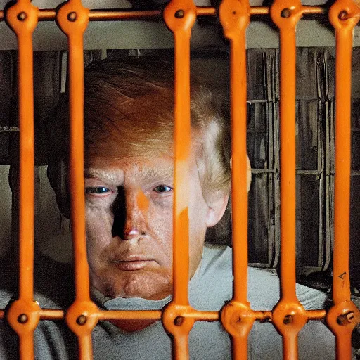 Prompt: donald trump in prison, orange prisonner uniform, photography, medium shot, filthy and humid prison, natural prison light, by terry richardson