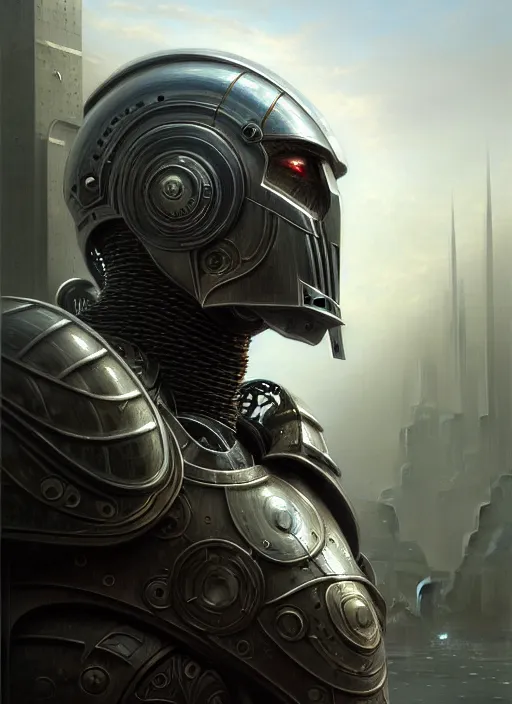 Image similar to closeup portrait shot of a cyber knight in a scenic dystopian environment, intricate, elegant, highly detailed, centered, digital painting, artstation, concept art, smooth, sharp focus, illustration, artgerm, tomasz alen kopera, peter mohrbacher, donato giancola, joseph christian leyendecker, wlop, boris vallejo