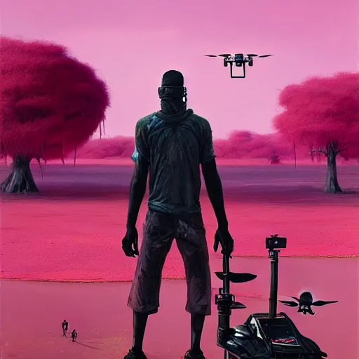 Prompt: a zulu cyberpunk hunter with a drone near a pink lake witha a baobab tree by greg rutkowski and android jones in a surreal portrait style, oil on canvas, 8k resolution.