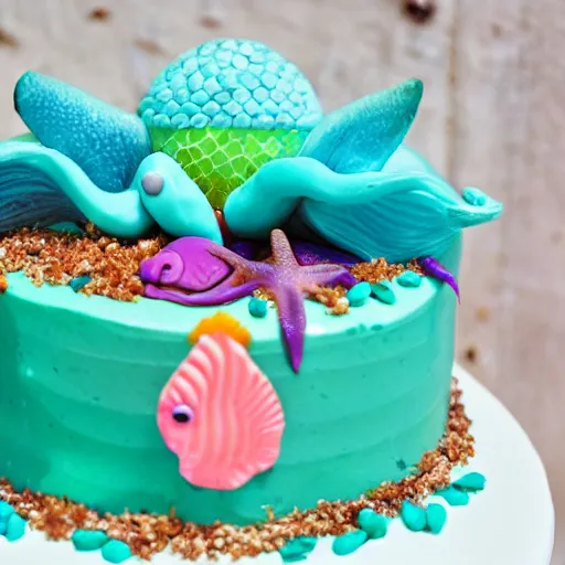 Image similar to mermaid themed birthday cake, food photography, made of meat,