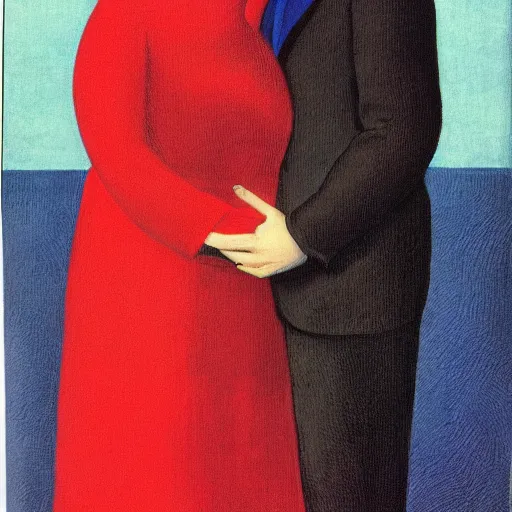 Image similar to a woman in a red dress kissing a man in a suit with both of them having a blanket completely covering their heads, rene magritte style