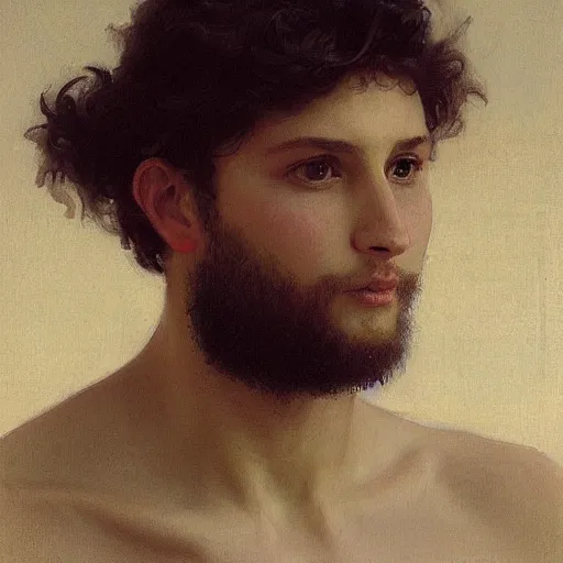 Image similar to a portrait painting of a male, art greg rutkowski and william - adolphe bouguereau