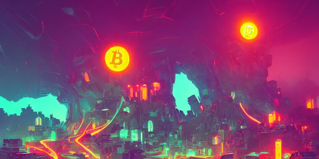 Prompt: weird perspective epic illustration of a futuristic city, bitcoin logo glowing on the wall in a scenic environment by Anton Fadeev